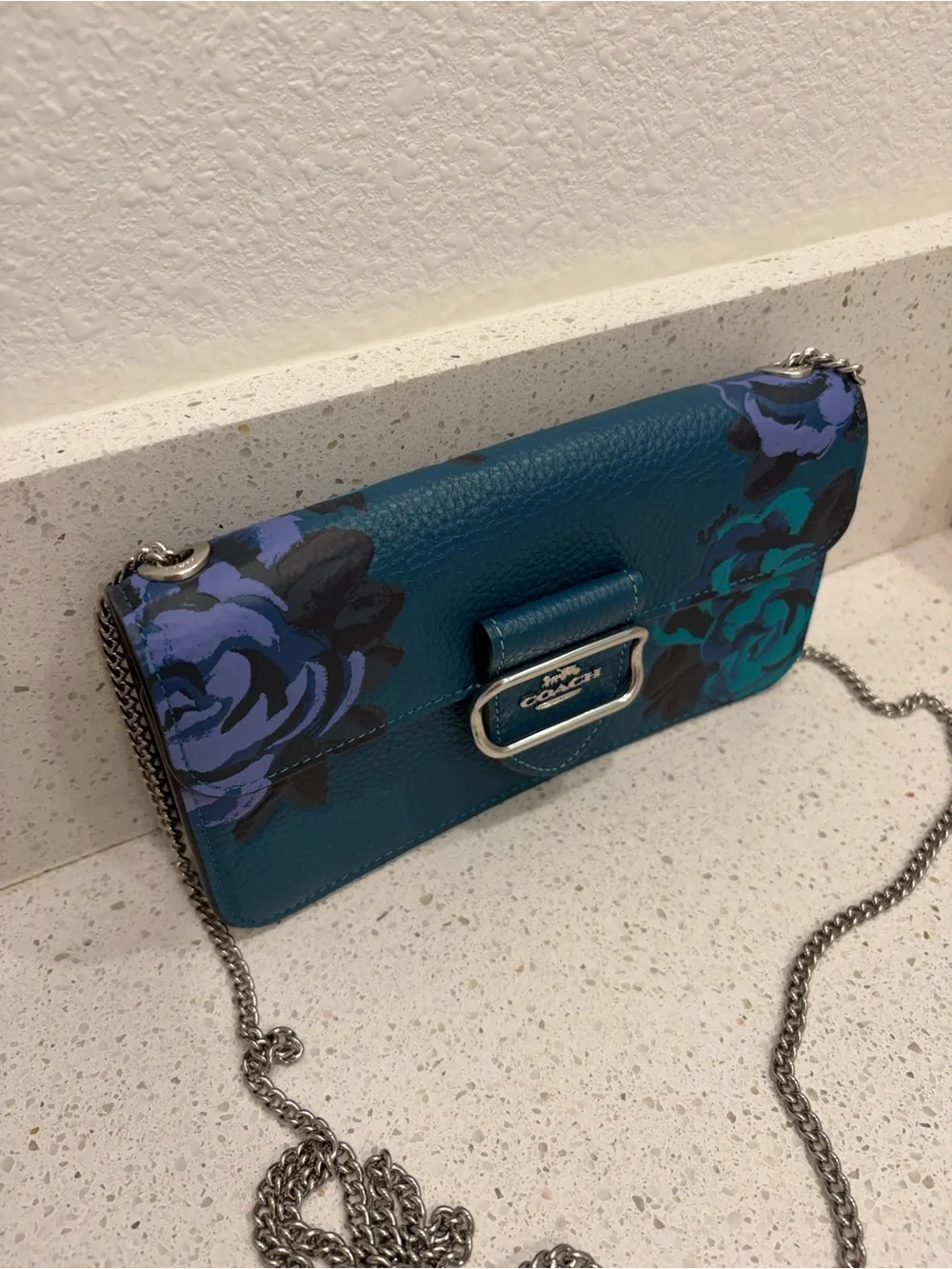 COACH Morgan Crossbody Jumbo Floral  Leather X-body Deep Turquoise Multi CE667